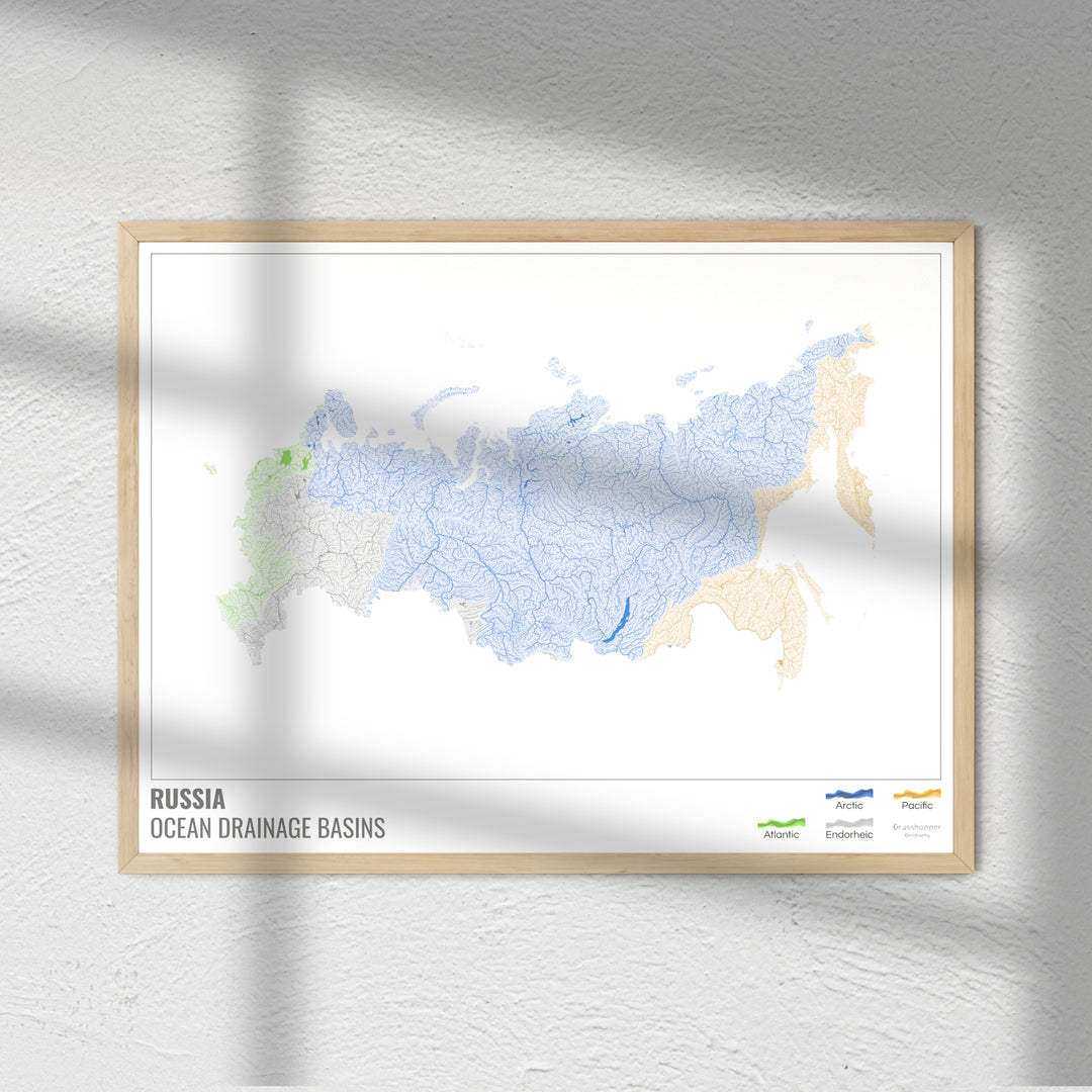 Rússia - Mapa da bacia de drenagem oceânica, branco com legenda v1 - Impressão de belas artes