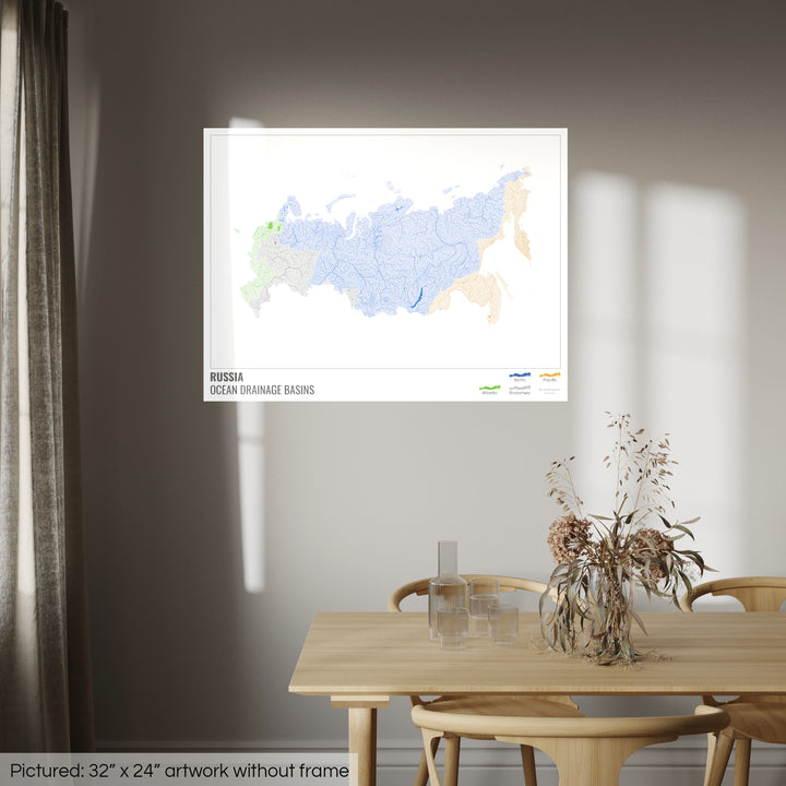 Rússia - Mapa da bacia de drenagem oceânica, branco com legenda v1 - Impressão de belas artes