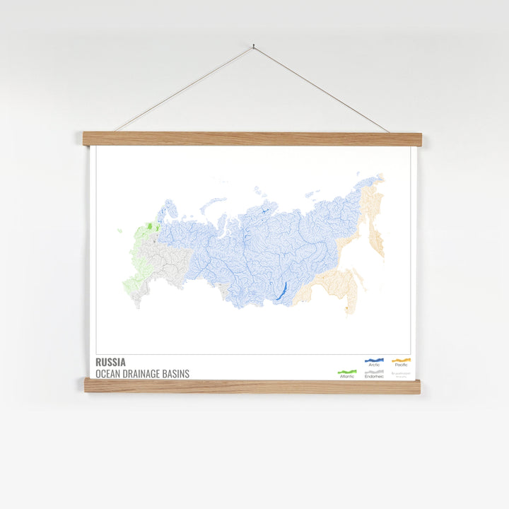 Rusia - Mapa de la cuenca hidrográfica del océano, blanco con leyenda v1 - Impresión artística con colgador