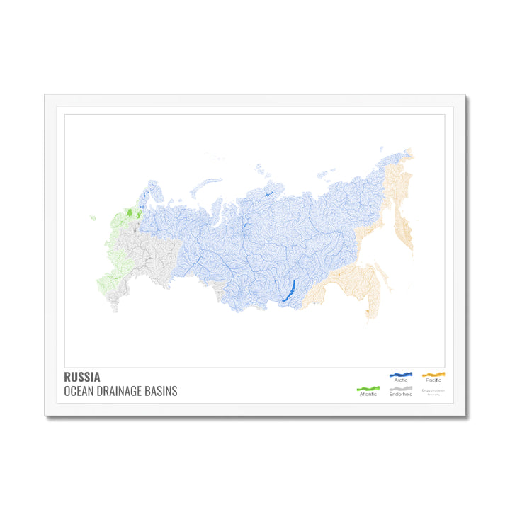 Russia - Ocean drainage basin map, white with legend v1 - Framed Print