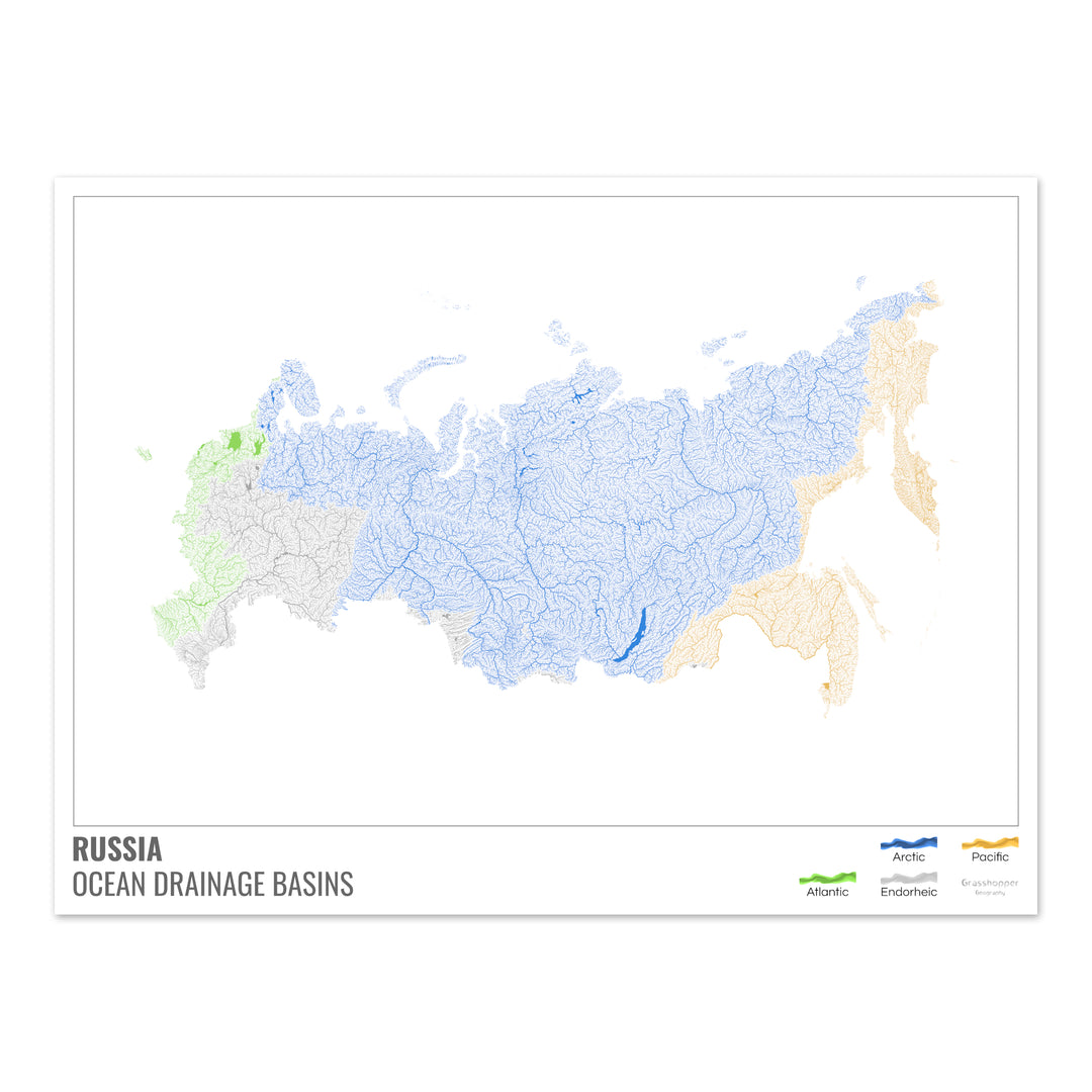 Russie - Carte des bassins hydrographiques océaniques, blanche avec légende v1 - Tirage photo artistique