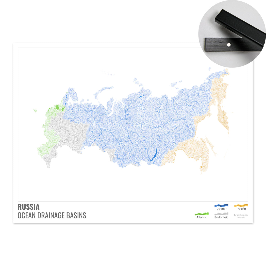 Rusia - Mapa de la cuenca hidrográfica del océano, blanco con leyenda v1 - Impresión artística con colgador