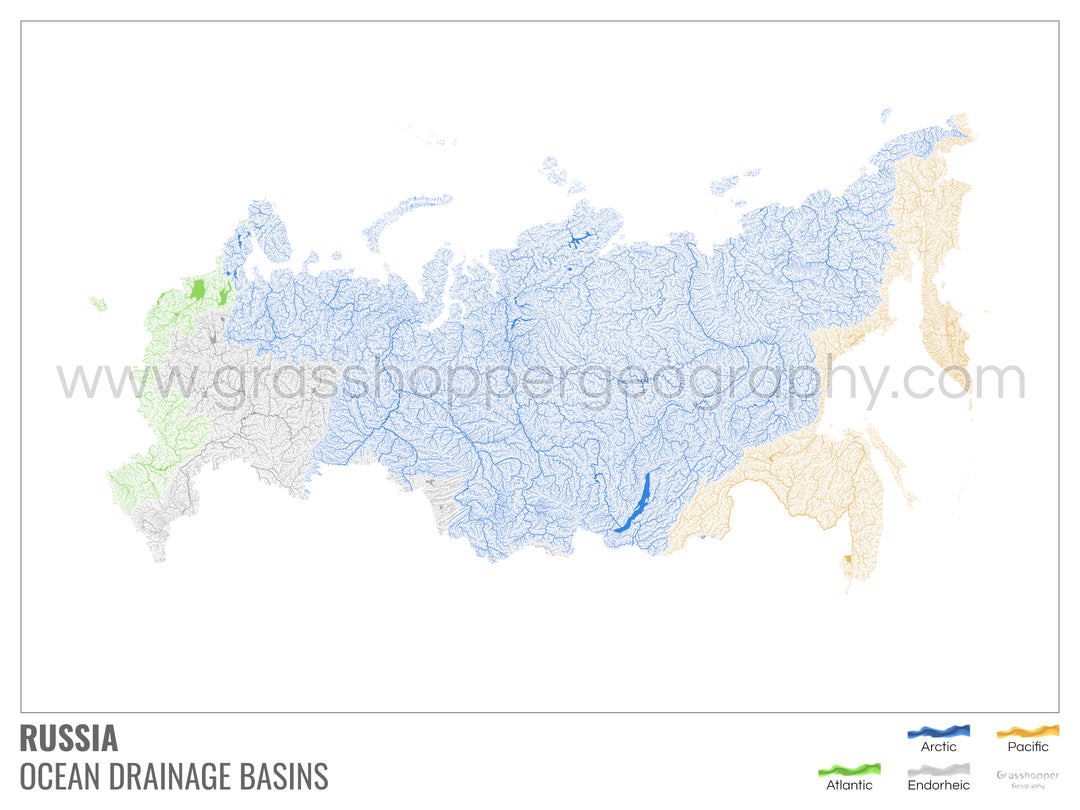 Russie - Carte des bassins hydrographiques océaniques, blanche avec légende v1 - Fine Art Print