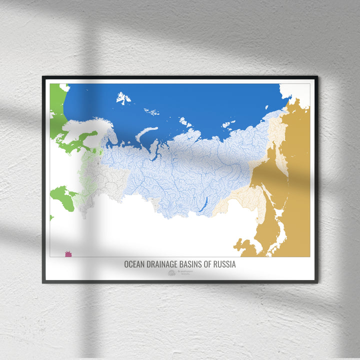 Россия - Карта океанического водосборного бассейна, белая версия 2 - Художественная печать
