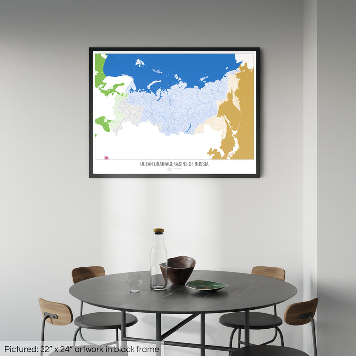 Russia - Ocean drainage basin map, white v2 - Framed Print