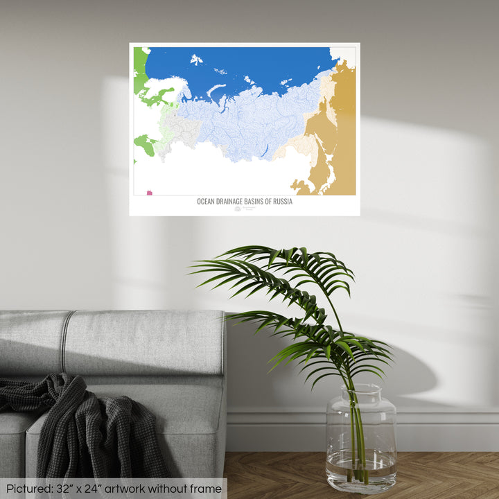 Rússia - Mapa da bacia de drenagem oceânica, branco v2 - Impressão de arte fotográfica
