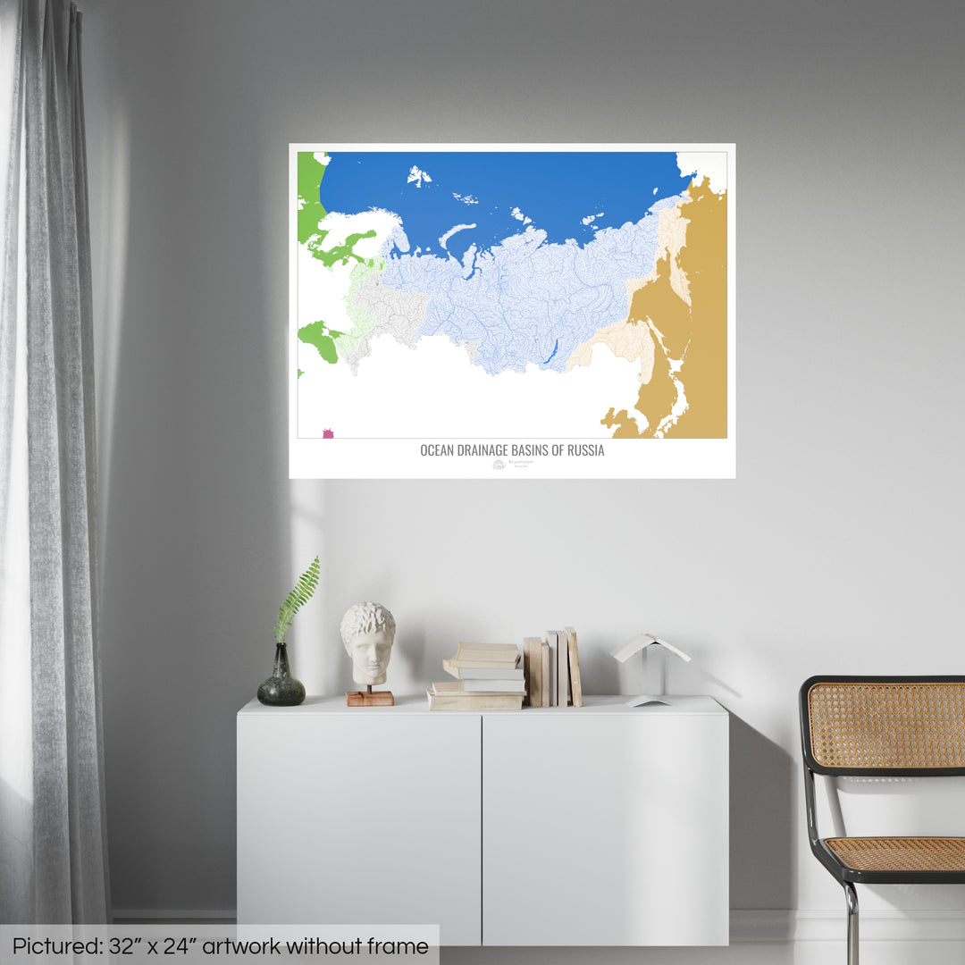 Russie - Carte des bassins hydrographiques océaniques, blanc v2 - Fine Art Print