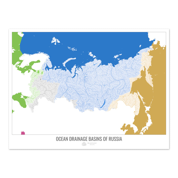 Russie - Carte des bassins hydrographiques océaniques, blanc v2 - Fine Art Print