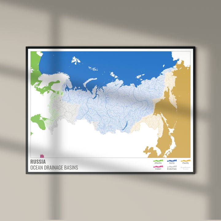 Rusia - Mapa de la cuenca hidrográfica del océano, blanco con leyenda v2 - Impresión fotográfica