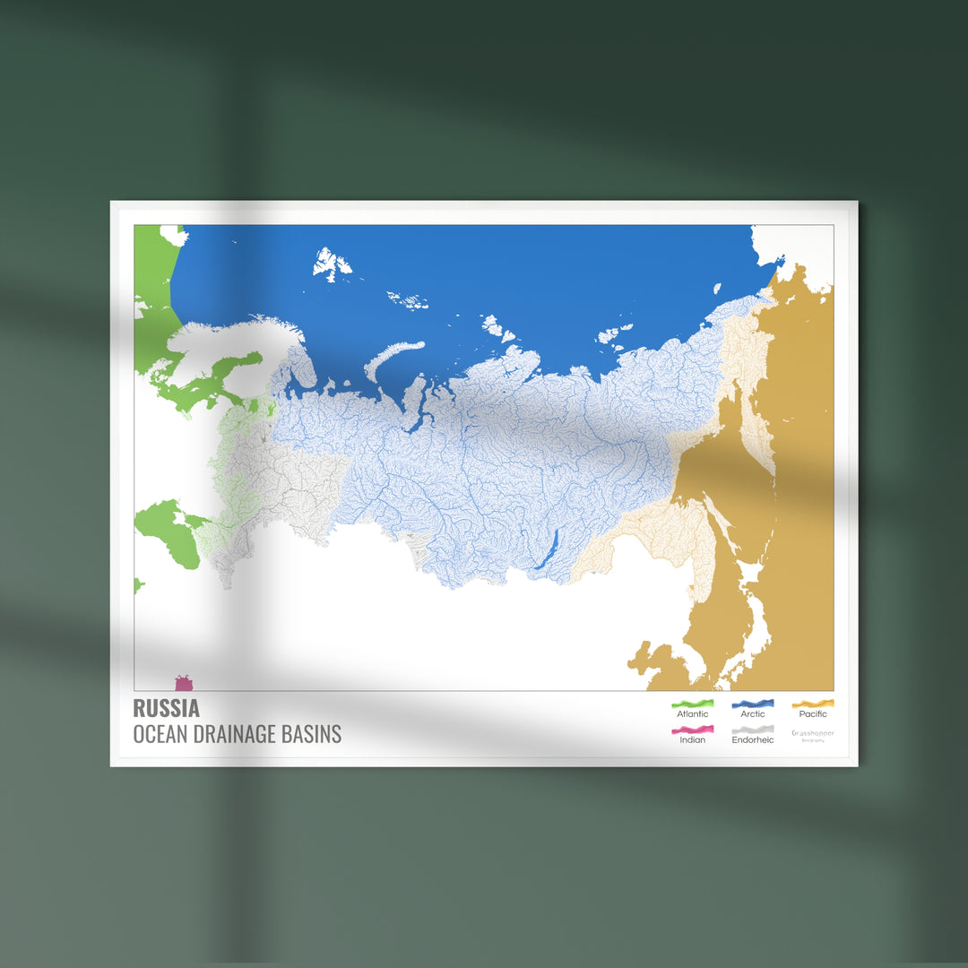 Rusia - Mapa de la cuenca hidrográfica del océano, blanco con leyenda v2 - Impresión de bellas artes