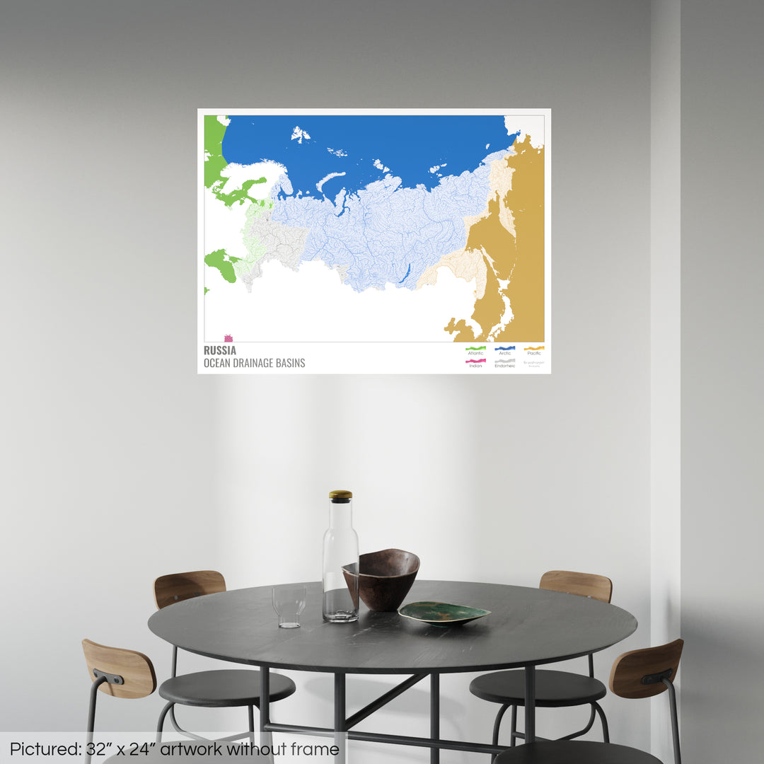 Russie - Carte des bassins hydrographiques océaniques, blanche avec légende v2 - Tirage photo artistique