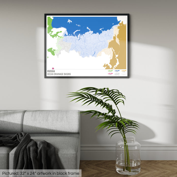 Rússia - Mapa da bacia de drenagem oceânica, branco com legenda v2 - Impressão emoldurada