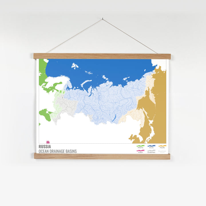 Rusia - Mapa de la cuenca hidrográfica del océano, blanco con leyenda v2 - Impresión artística con colgador