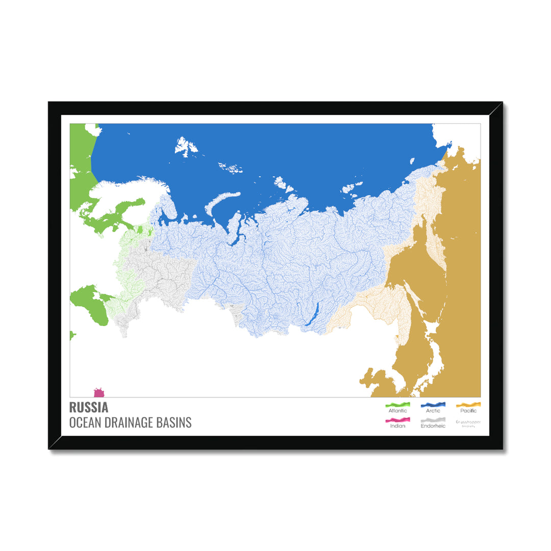 Russia - Ocean drainage basin map, white with legend v2 - Framed Print