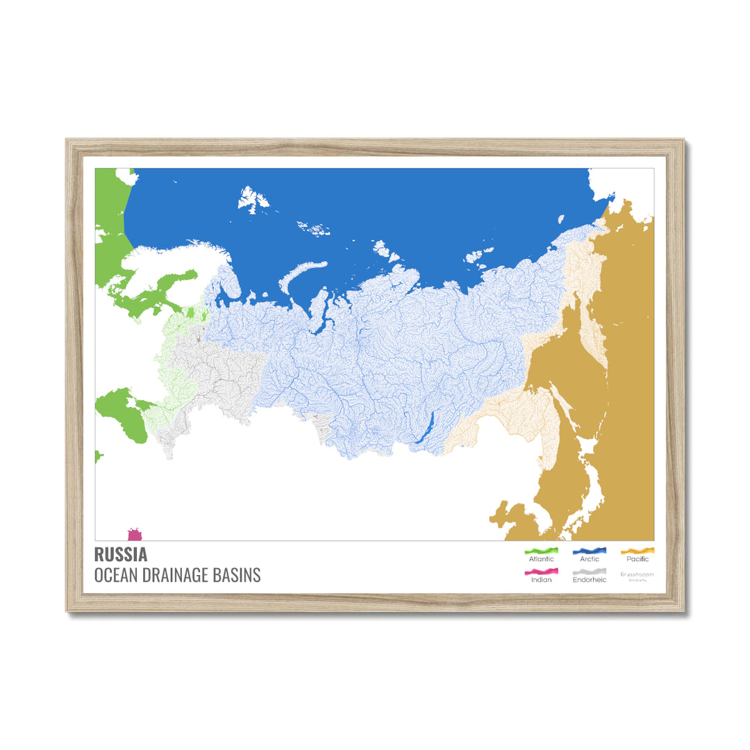 Russia - Ocean drainage basin map, white with legend v2 - Framed Print