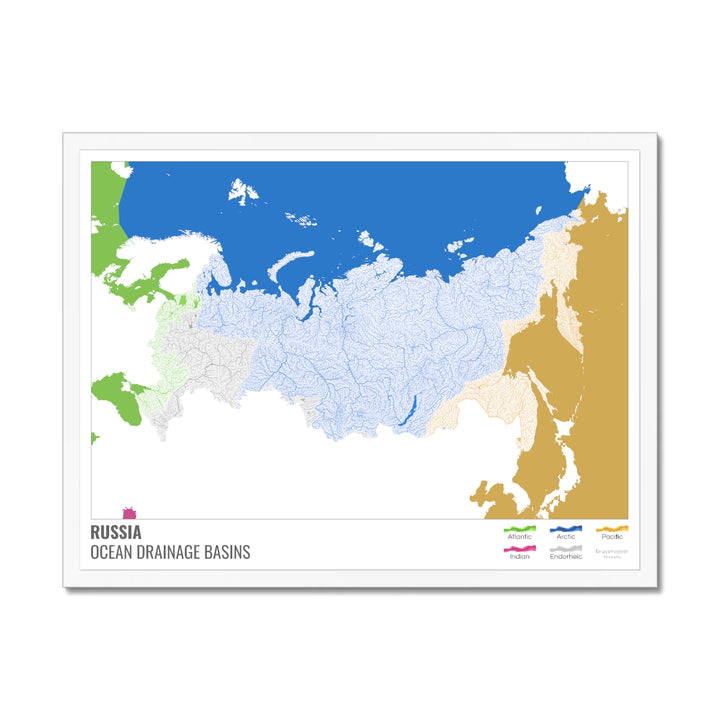 Russia - Ocean drainage basin map, white with legend v2 - Framed Print