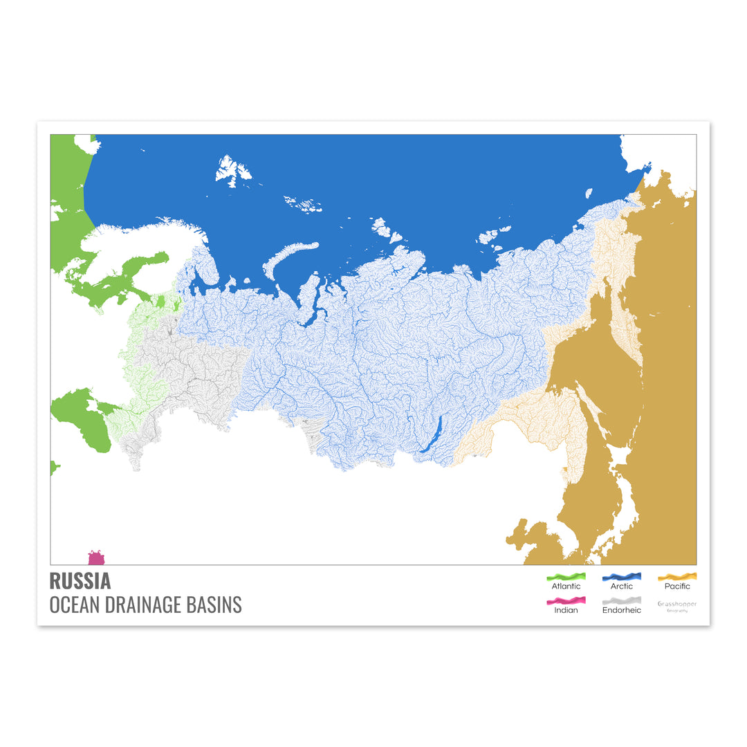 Russie - Carte des bassins hydrographiques océaniques, blanche avec légende v2 - Fine Art Print