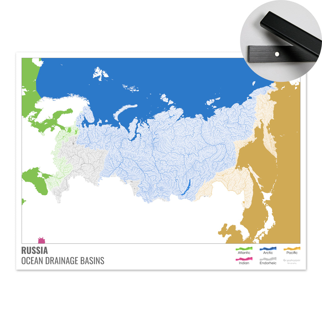 Россия - Карта океанического водосборного бассейна, белая с легендой, версия 2 - Художественная печать с вешалкой