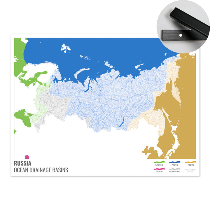 Rusia - Mapa de la cuenca hidrográfica del océano, blanco con leyenda v2 - Impresión artística con colgador