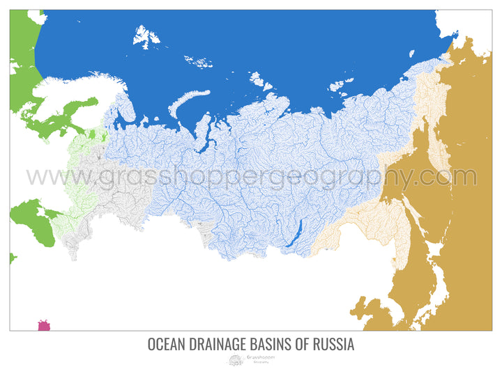 Rusia - Mapa de la cuenca hidrográfica del océano, blanco v2 - Impresión de bellas artes