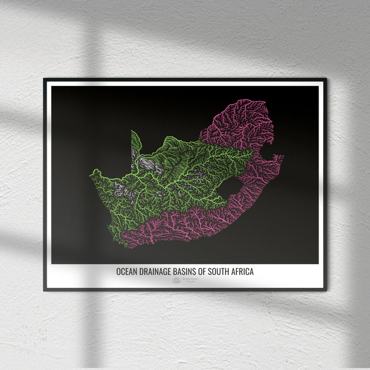 África do Sul - Mapa da bacia de drenagem oceânica, preto v1 - Impressão de belas artes
