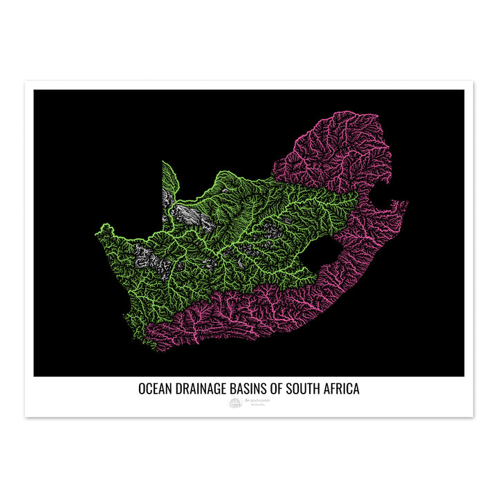 Sudáfrica - Mapa de la cuenca hidrográfica del océano, negro v1 - Impresión de bellas artes