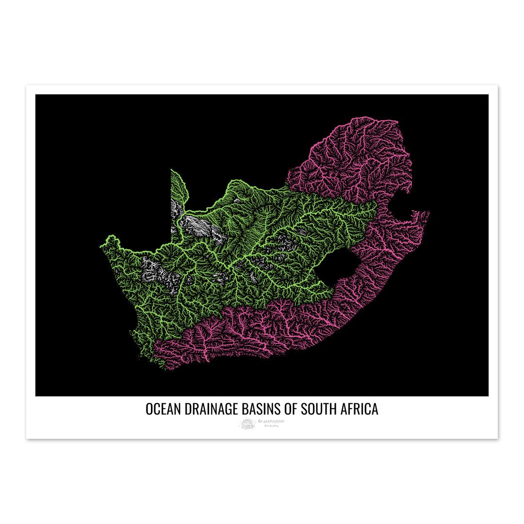 Afrique du Sud - Carte des bassins hydrographiques océaniques, noir v1 - Tirage photo artistique