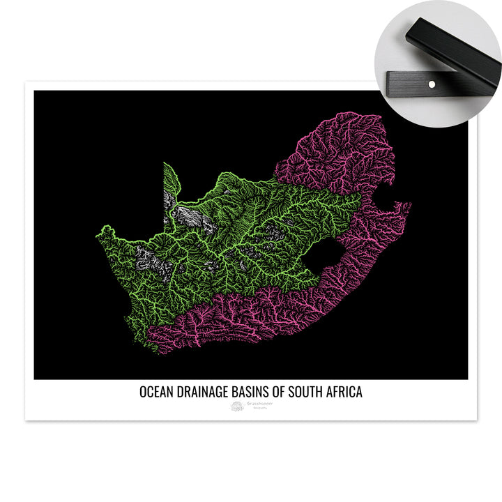 Sudáfrica - Mapa de la cuenca hidrográfica del océano, negro v1 - Impresión artística con colgador