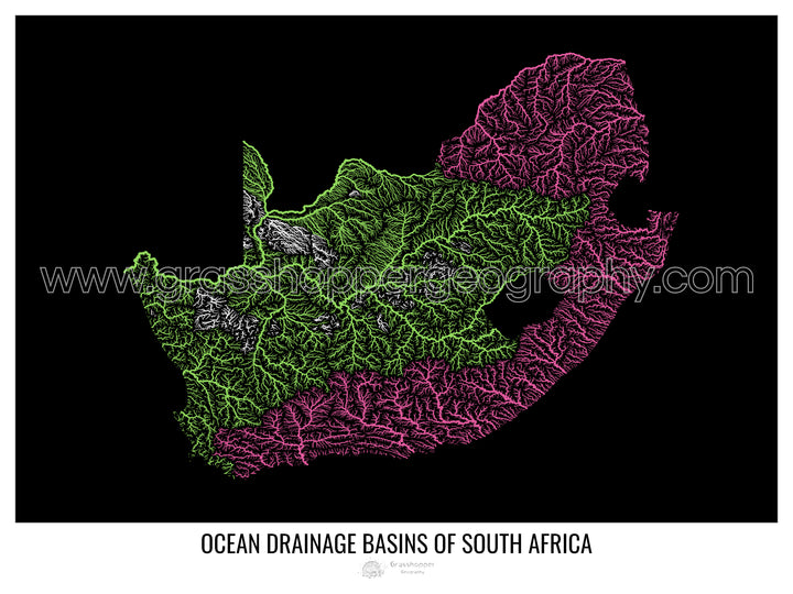 Sudáfrica - Mapa de la cuenca hidrográfica del océano, negro v1 - Impresión de bellas artes