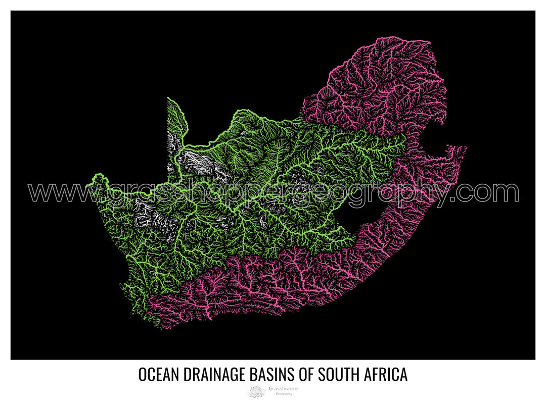 Afrique du Sud - Carte des bassins hydrographiques océaniques, noir v1 - Tirage photo artistique