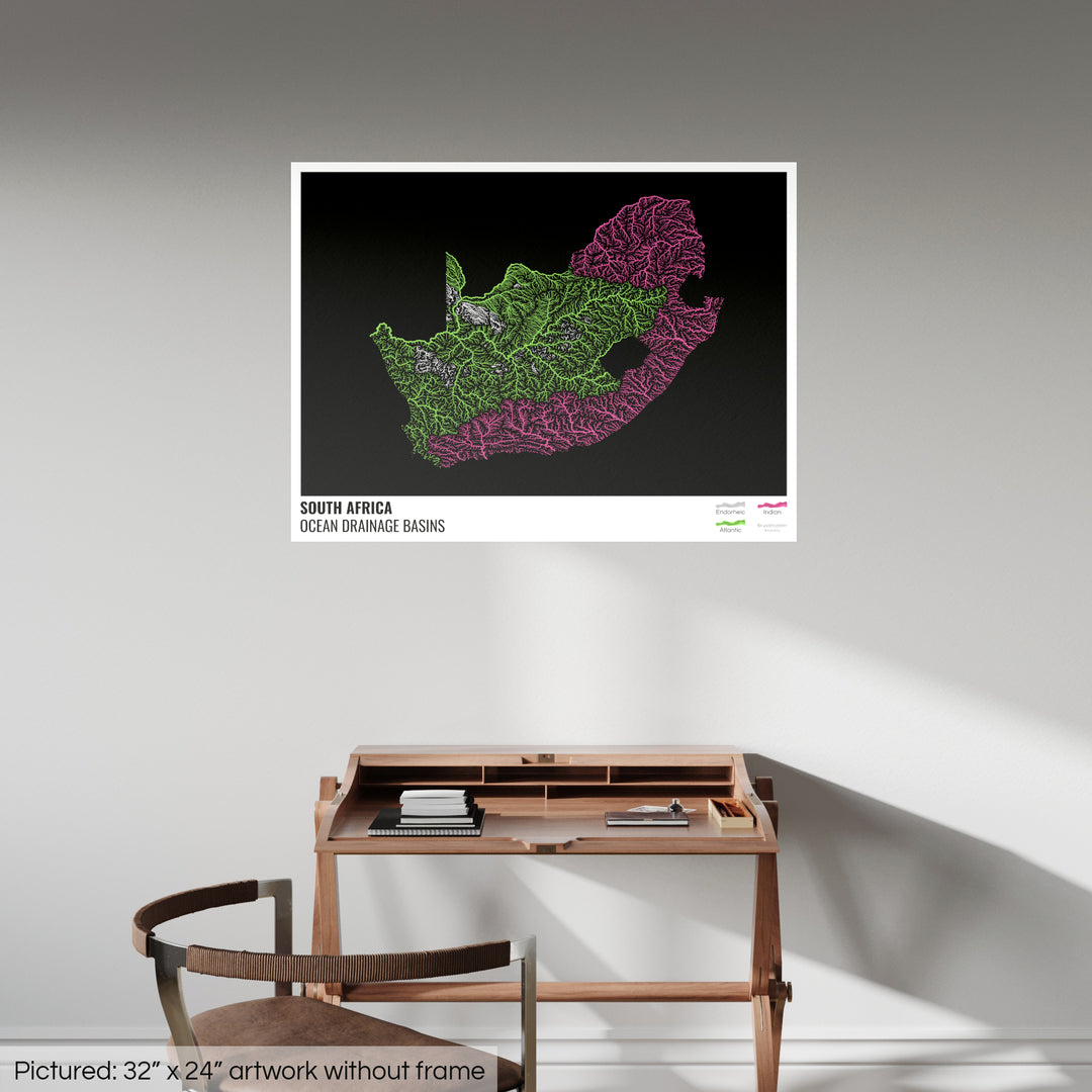 South Africa - Ocean drainage basin map, black with legend v1 - Fine Art Print