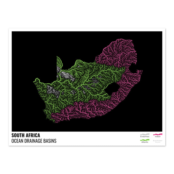 Sudáfrica - Mapa de la cuenca hidrográfica del océano, negro con leyenda v1 - Impresión de bellas artes