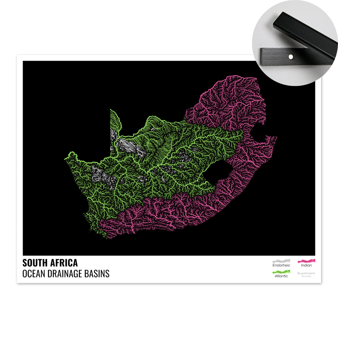 Afrique du Sud - Carte des bassins hydrographiques océaniques, noire avec légende v1 - Tirage d'art avec cintre