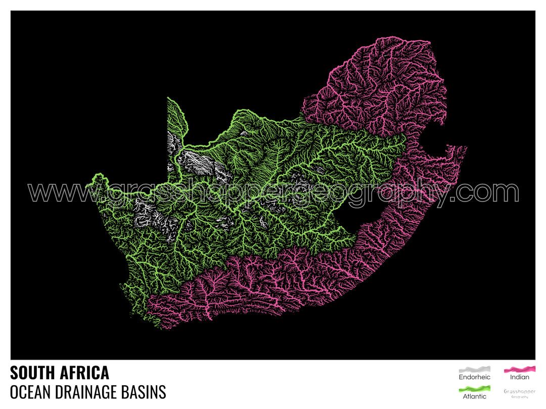 Afrique du Sud - Carte des bassins hydrographiques océaniques, noire avec légende v1 - Fine Art Print