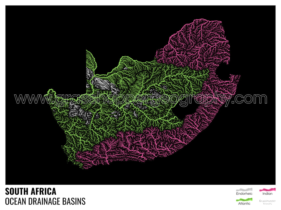 Sudáfrica - Mapa de la cuenca hidrográfica del océano, negro con leyenda v1 - Impresión de bellas artes