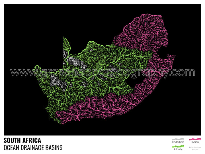 Sudáfrica - Mapa de la cuenca hidrográfica del océano, negro con leyenda v1 - Impresión de bellas artes