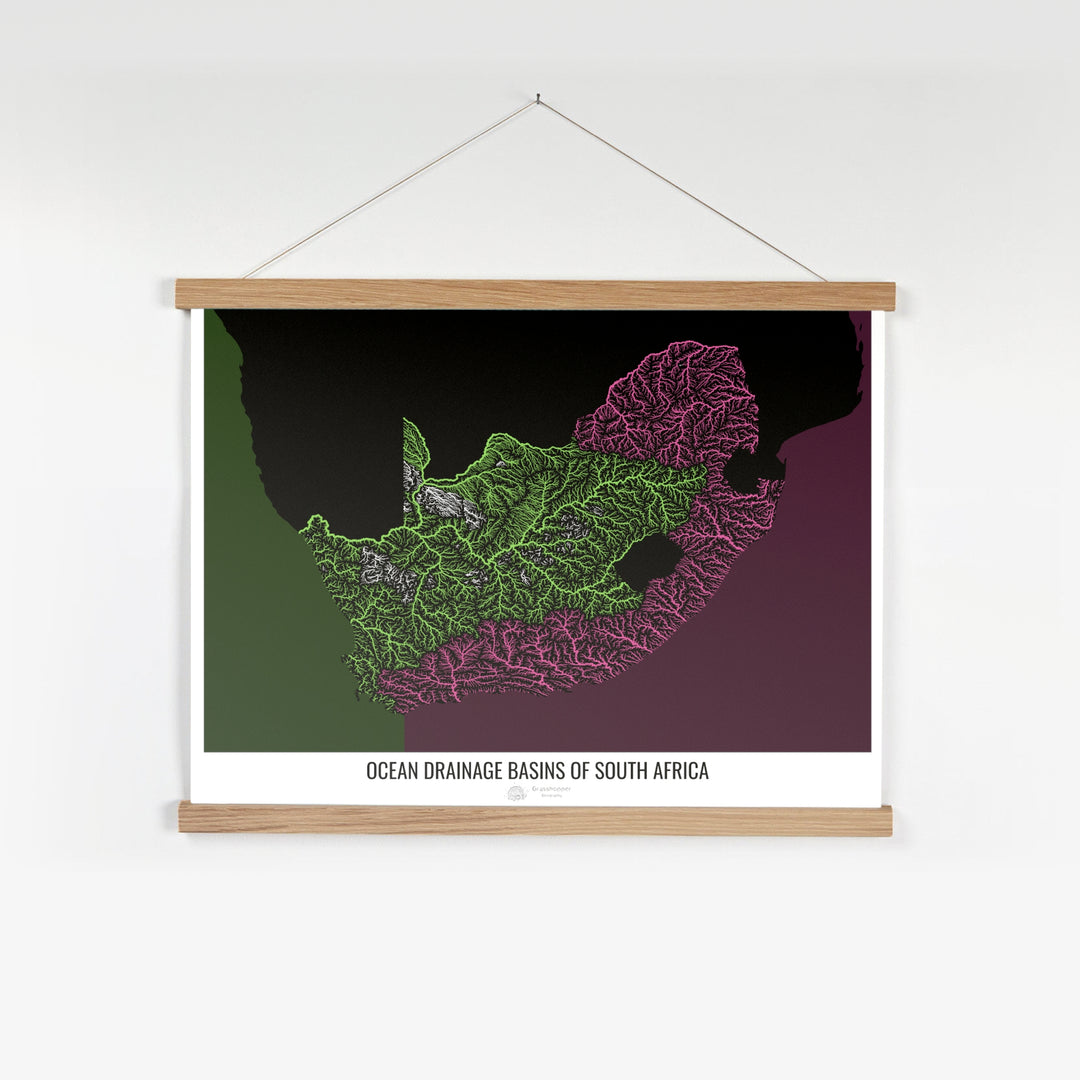 南非 - 海洋流域地图，黑色 v2 - 带挂钩的精美艺术印刷品