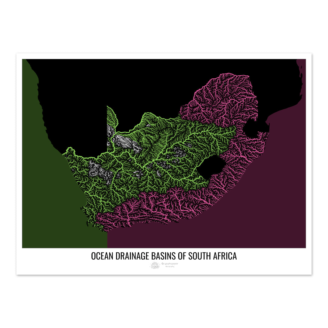 Sudáfrica - Mapa de la cuenca de drenaje oceánico, negro v2 - Impresión de bellas artes