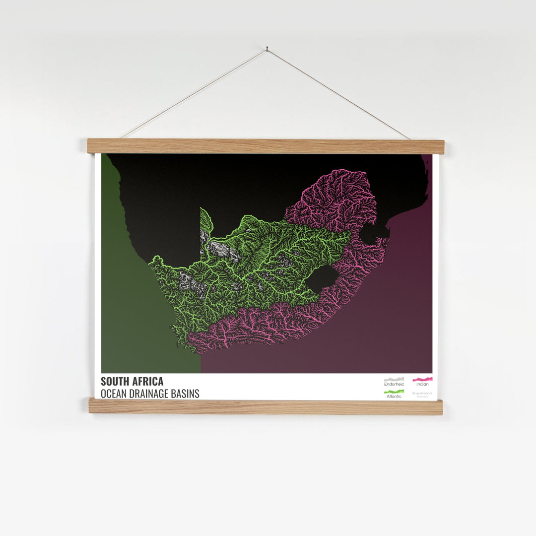 South Africa - Ocean drainage basin map, black with legend v2 - Fine Art Print with Hanger