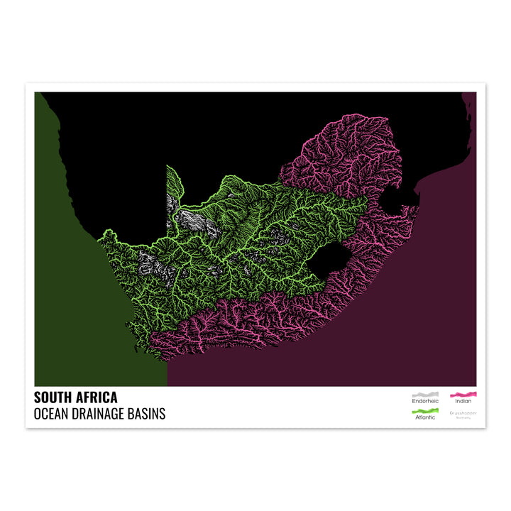 Afrique du Sud - Carte des bassins hydrographiques océaniques, noire avec légende v2 - Tirage photo artistique