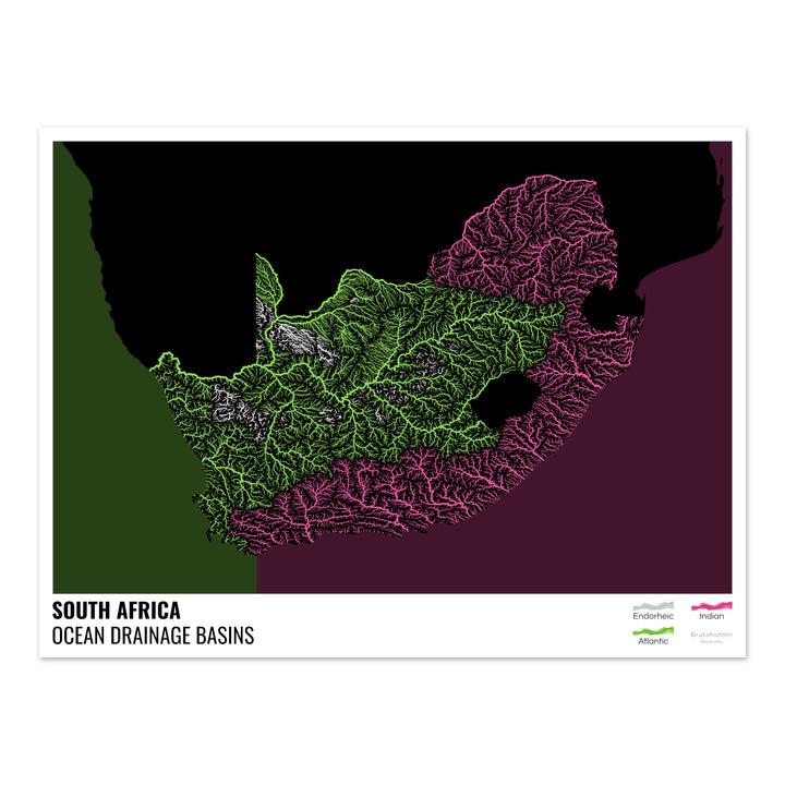 South Africa - Ocean drainage basin map, black with legend v2 - Photo Art Print