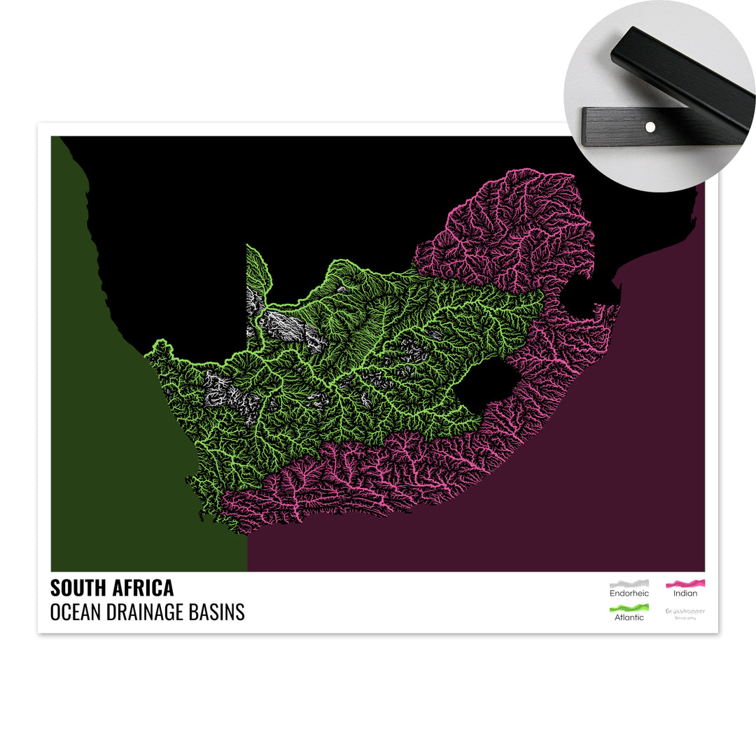 Sudáfrica - Mapa de la cuenca hidrográfica del océano, negro con leyenda v2 - Impresión artística con colgador