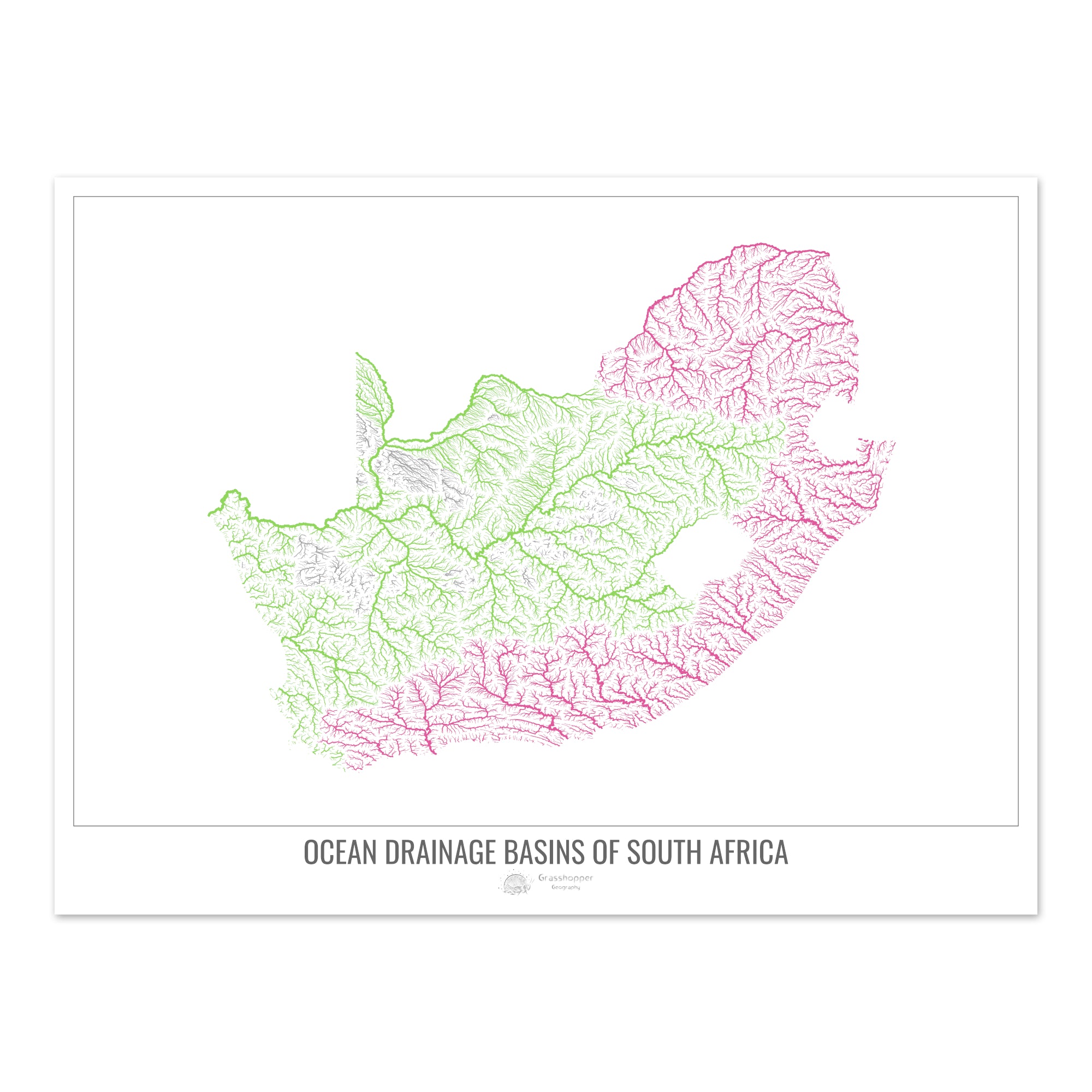 South Africa Ocean drainage basin map, white v1 Fine Art Print