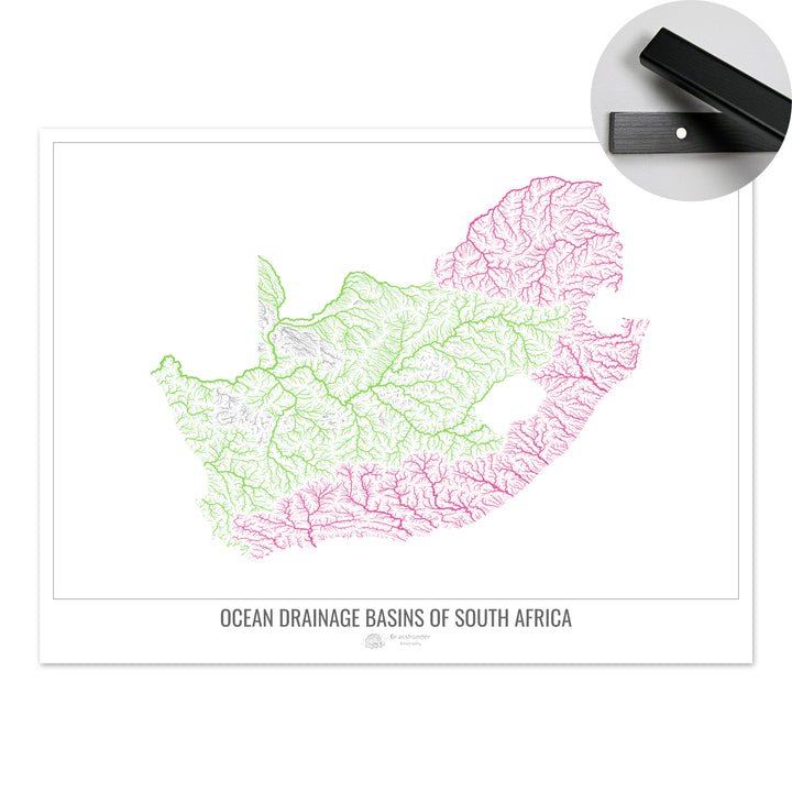 África do Sul - Mapa da bacia de drenagem oceânica, branco v1 - Impressão de belas artes com cabide