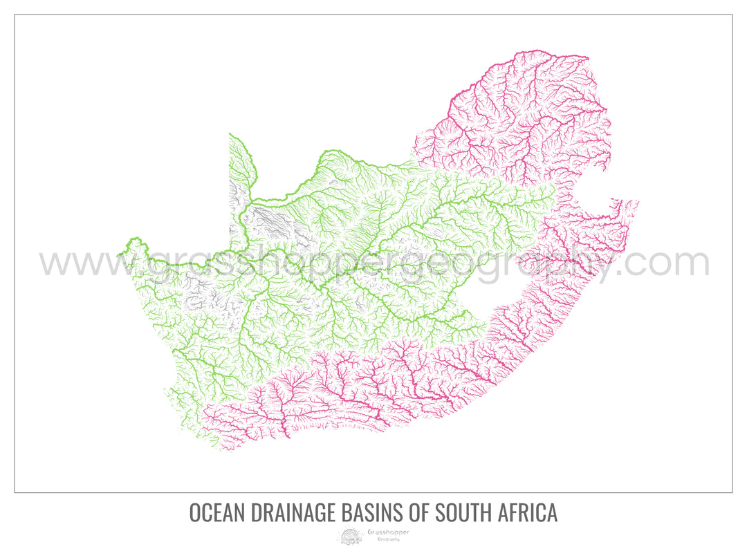 Sudáfrica - Mapa de la cuenca hidrográfica del océano, blanco v1 - Impresión fotográfica