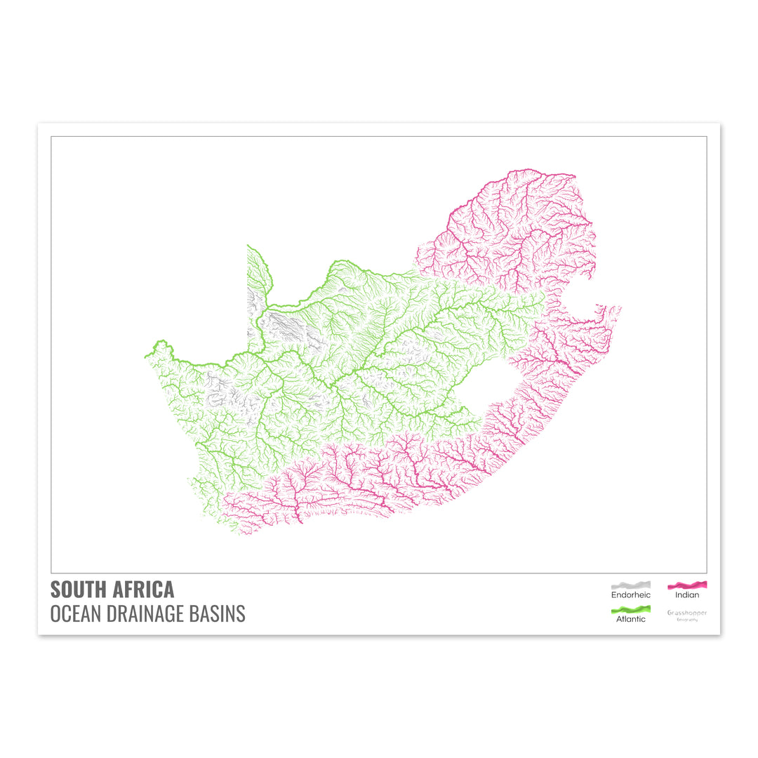 Afrique du Sud - Carte du bassin versant océanique, blanche avec légende v1 - Tirage photo artistique