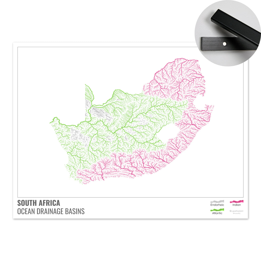 Sudáfrica - Mapa de la cuenca hidrográfica del océano, blanco con leyenda v1 - Impresión artística con colgador