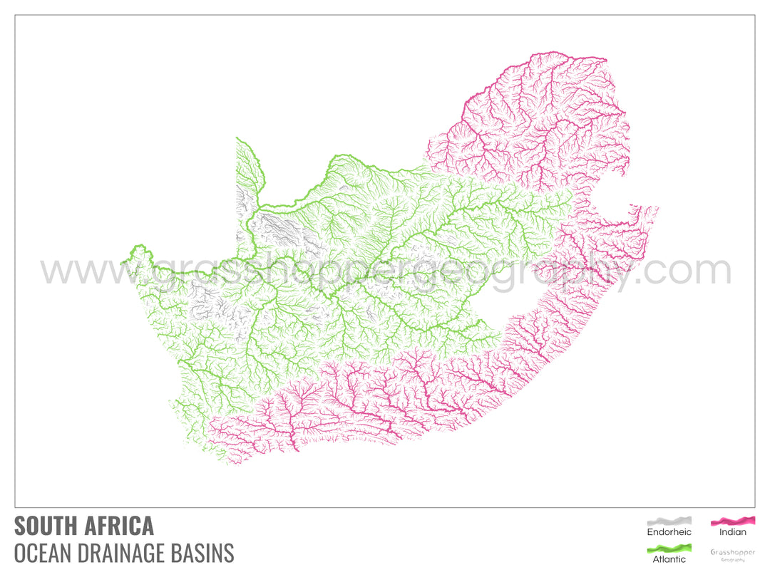 Afrique du Sud - Carte du bassin versant océanique, blanche avec légende v1 - Tirage photo artistique