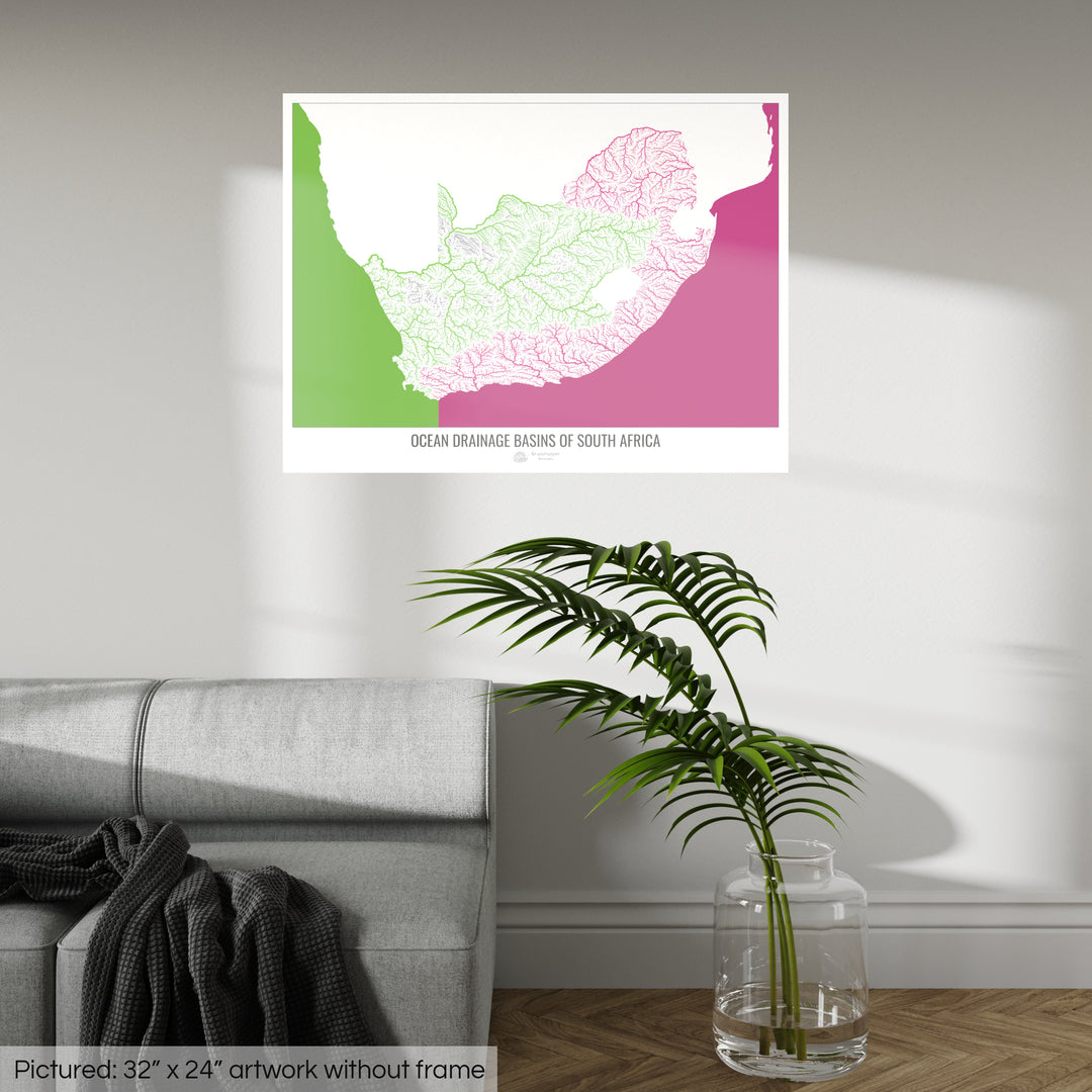 Afrique du Sud - Carte du bassin versant océanique, blanc v2 - Tirage photo artistique