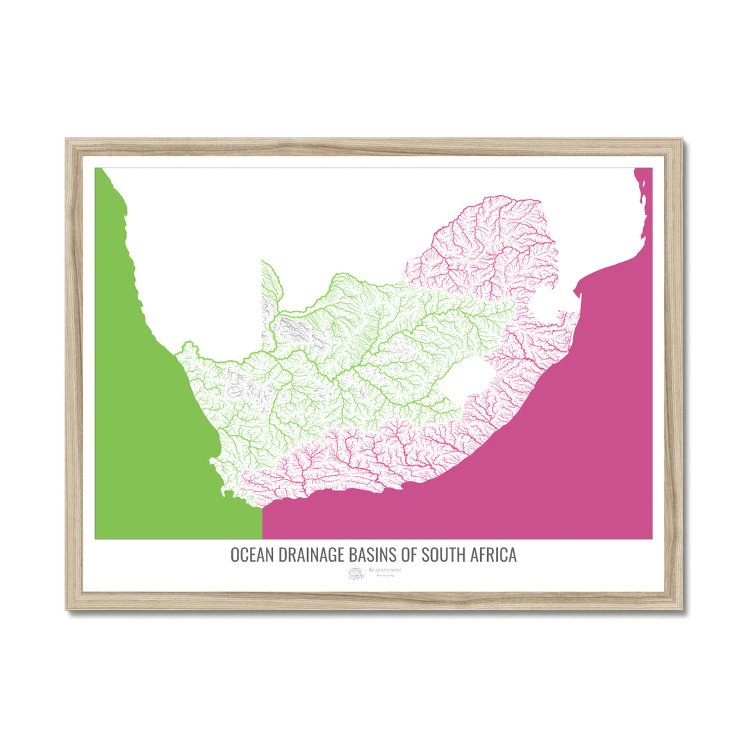 South Africa - Ocean drainage basin map, white v2 - Framed Print